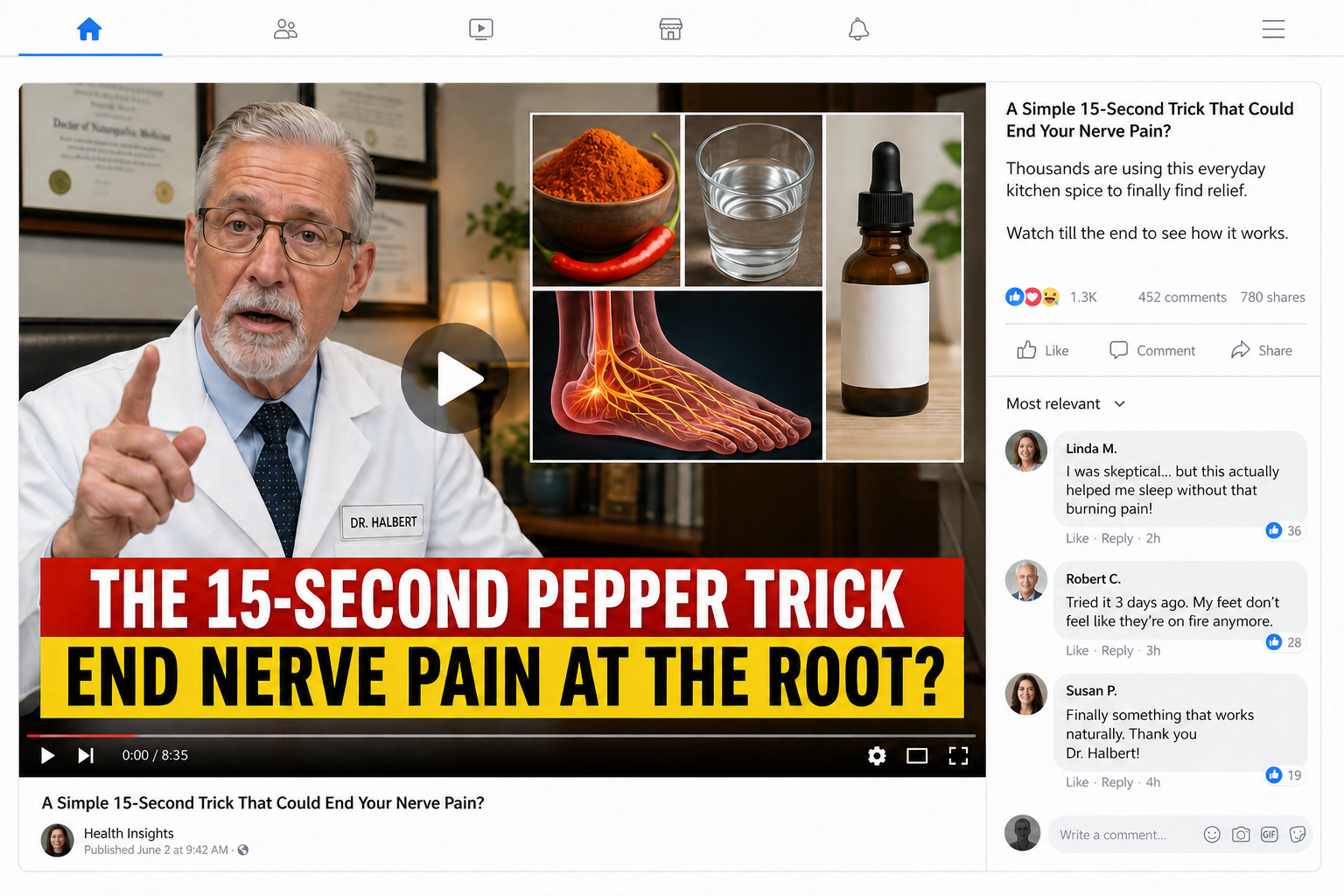 Dr. Mark Halbert Pepper Trick Scam Exposed 1 Reconstruction of a fake Dr. Mark Halbert 15-second pepper trick neuropathy advertisement using a fictional doctor