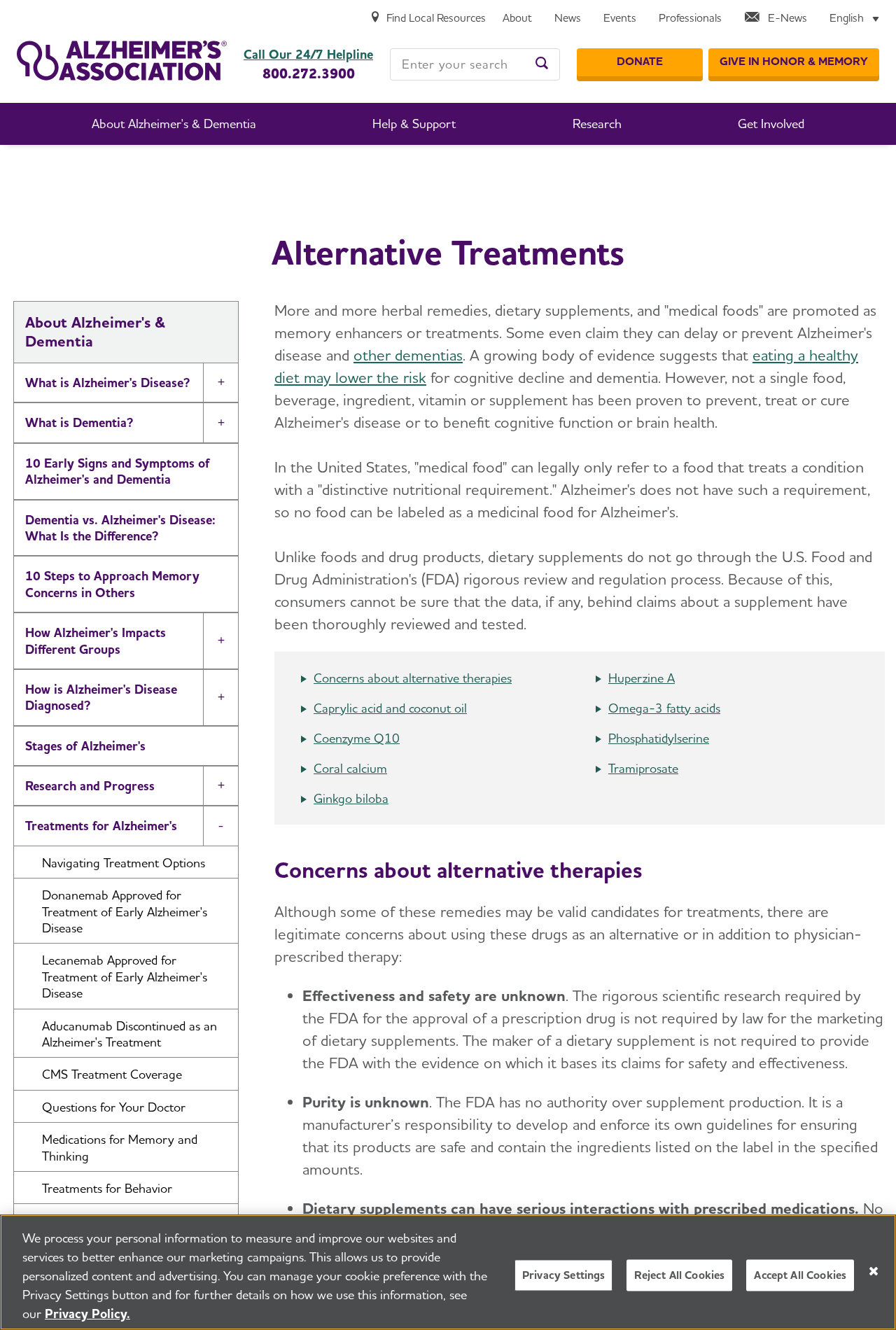 Alzheimer’s Association page explaining evidence and concerns surrounding alternative dementia treatments