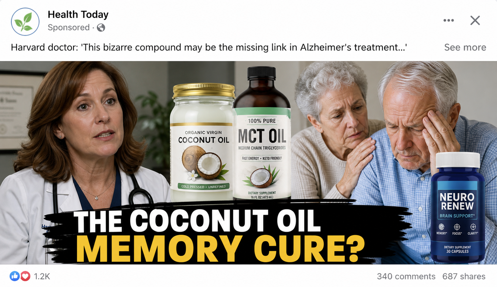 Realistic example of a fake coconut oil memory cure social media advertisement