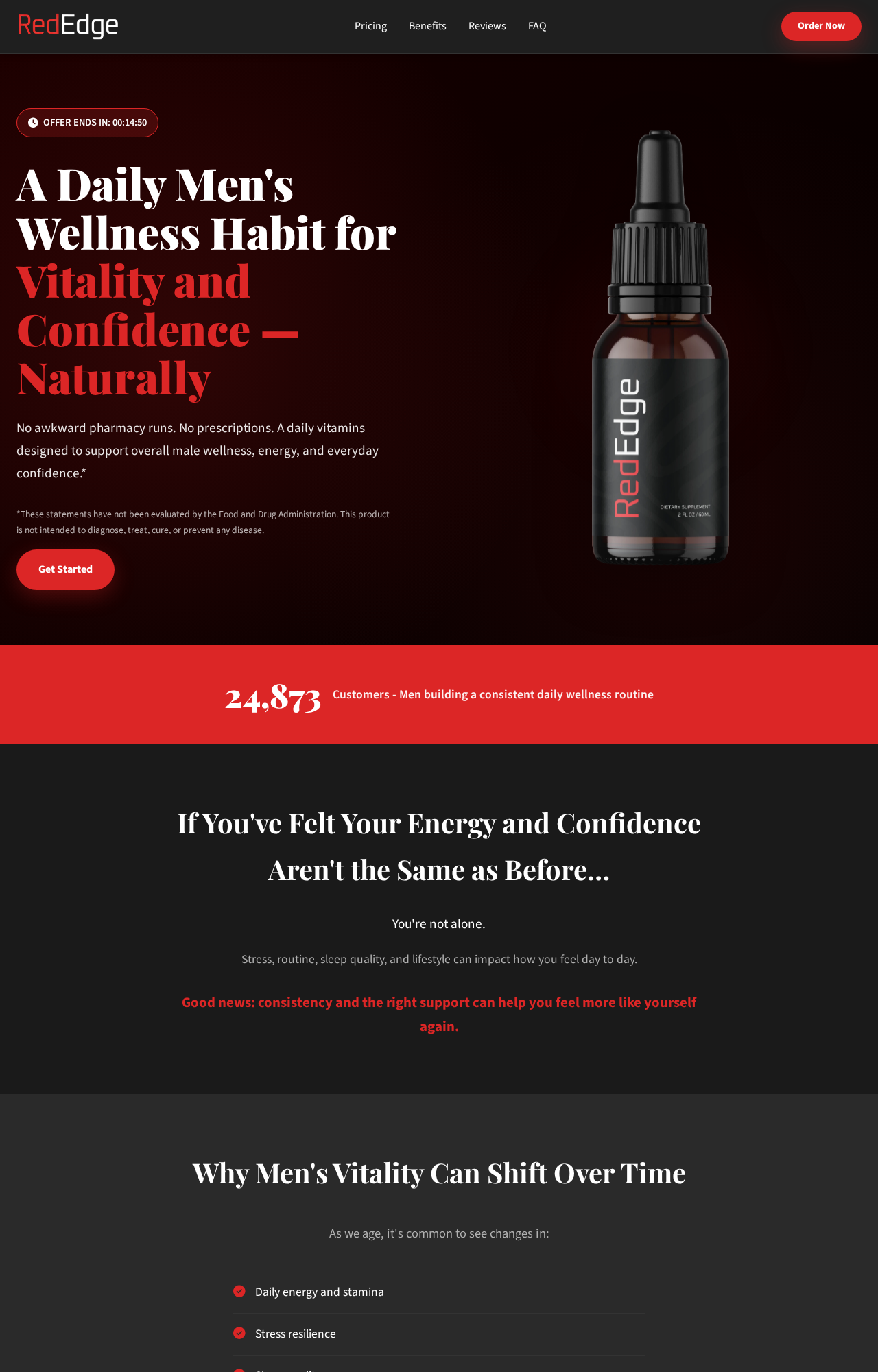Red Edge page promoting daily men wellness, vitality, energy, and confidence drops