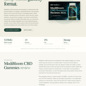 MediBloom CBD Gummies promotional page showing the bottle and stated product details