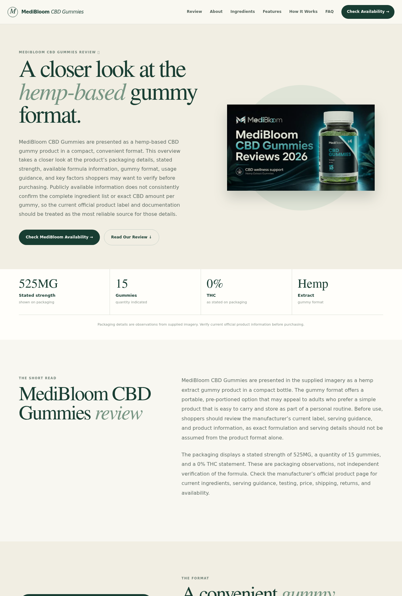 MediBloom CBD Gummies promotional page showing the bottle and stated product details