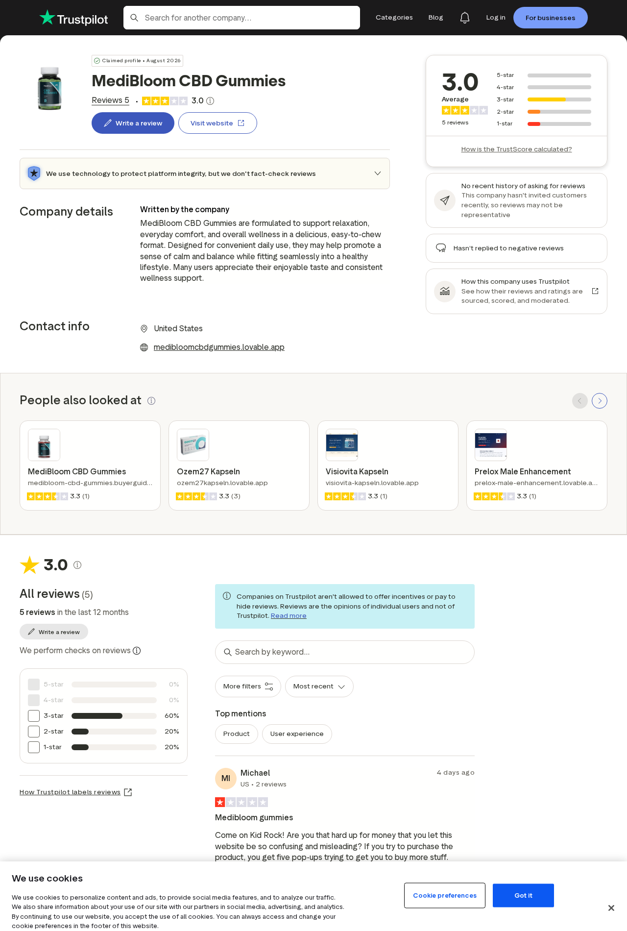 Trustpilot profile for MediBloom CBD Gummies showing the rating and customer reviews