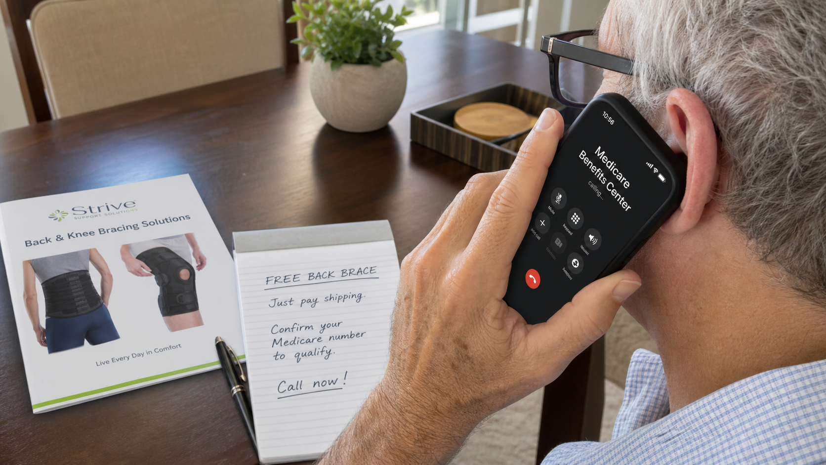 Realistic unsolicited Medicare benefits call offering a free back brace in exchange for a Medicare number