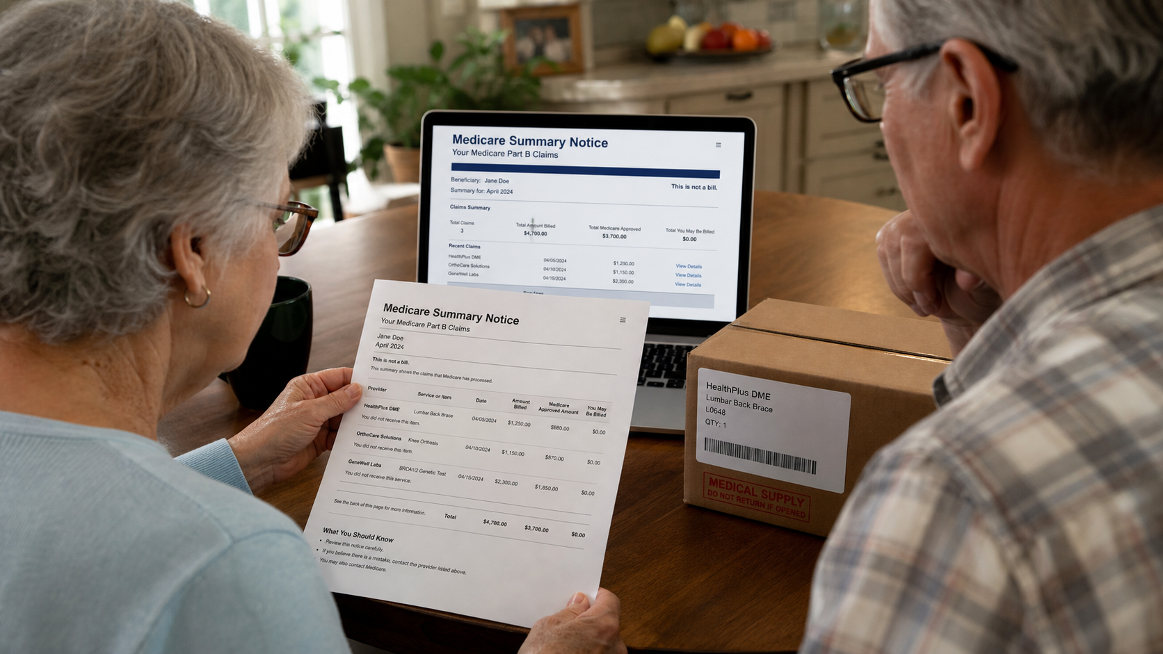 Older couple reviewing unfamiliar brace and genetic testing claims on a Medicare statement