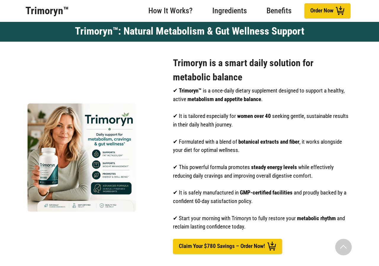 Trimoryn sales page describing metabolism and appetite support