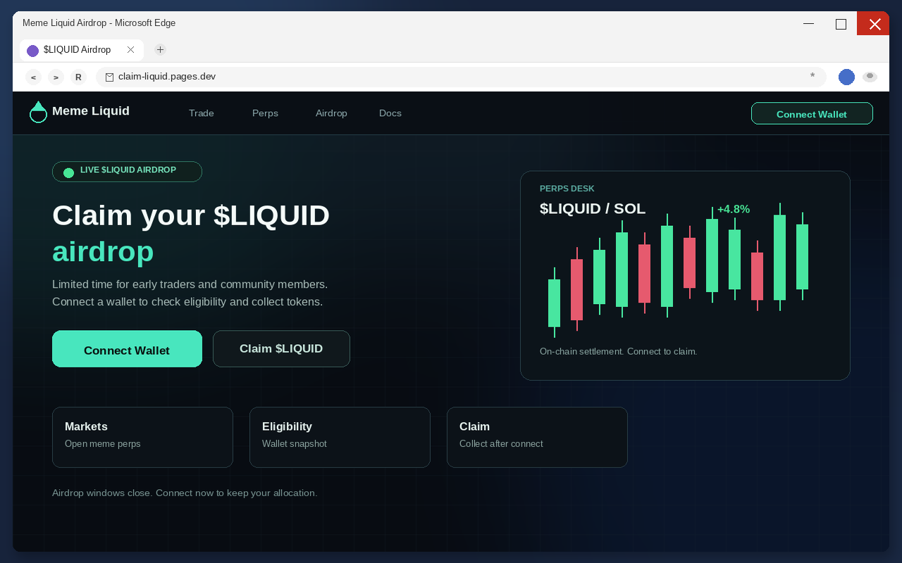 Meme Liquid Airdrop EXPOSED: Fake $LIQUID Claim Pages Drain Wallets 1 Fake $LIQUID airdrop claim page with Connect Wallet