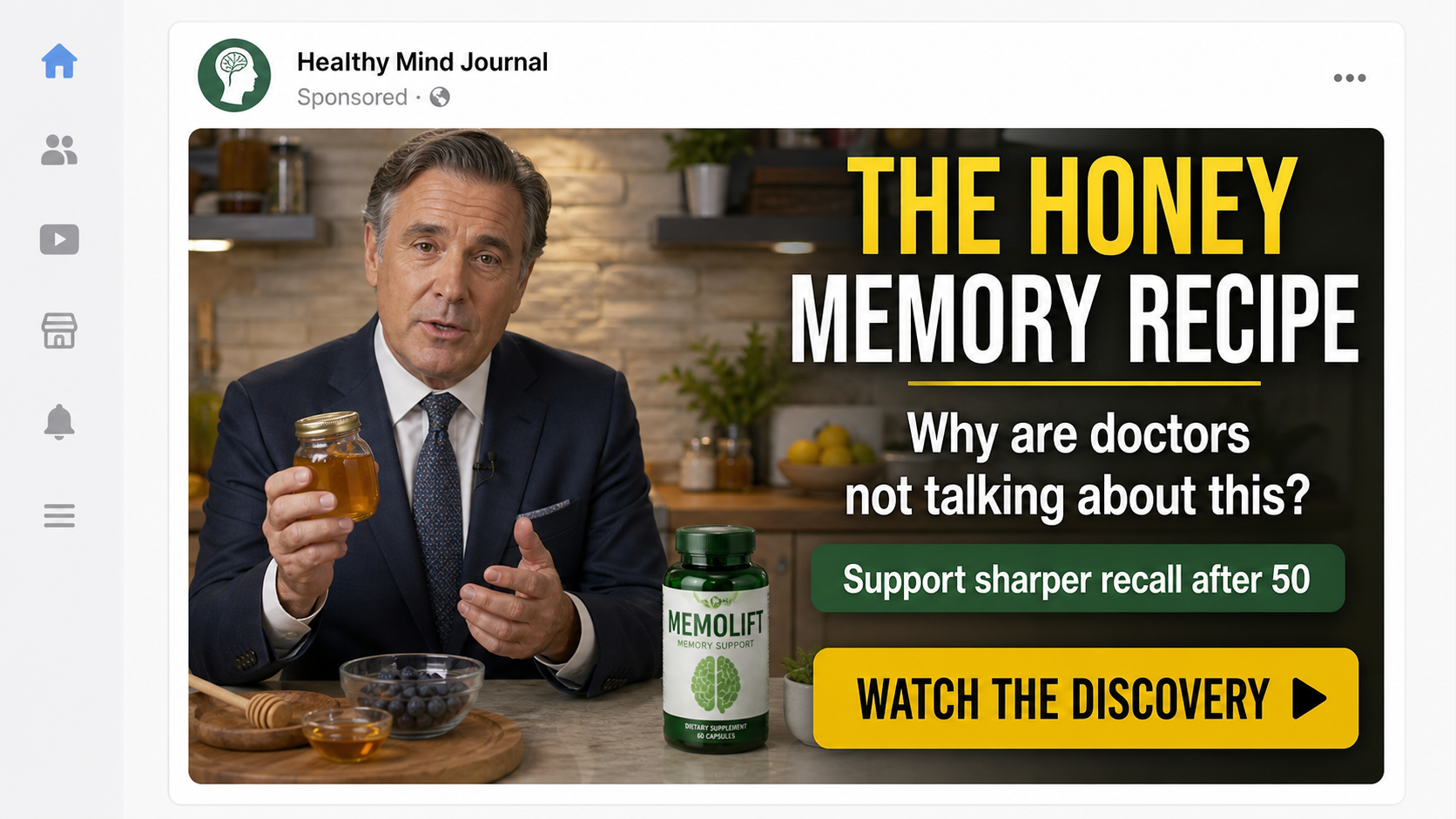 Reconstructed fake honey memory recipe social ad using a fictional television doctor