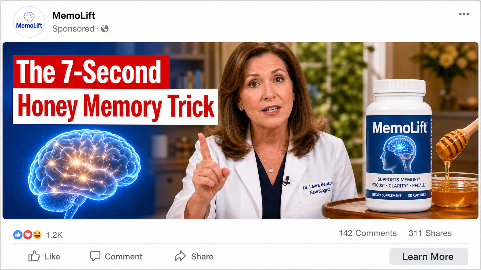 Realistic reconstruction of a deceptive MemoLift Facebook advertisement using a fictional doctor and honey memory trick