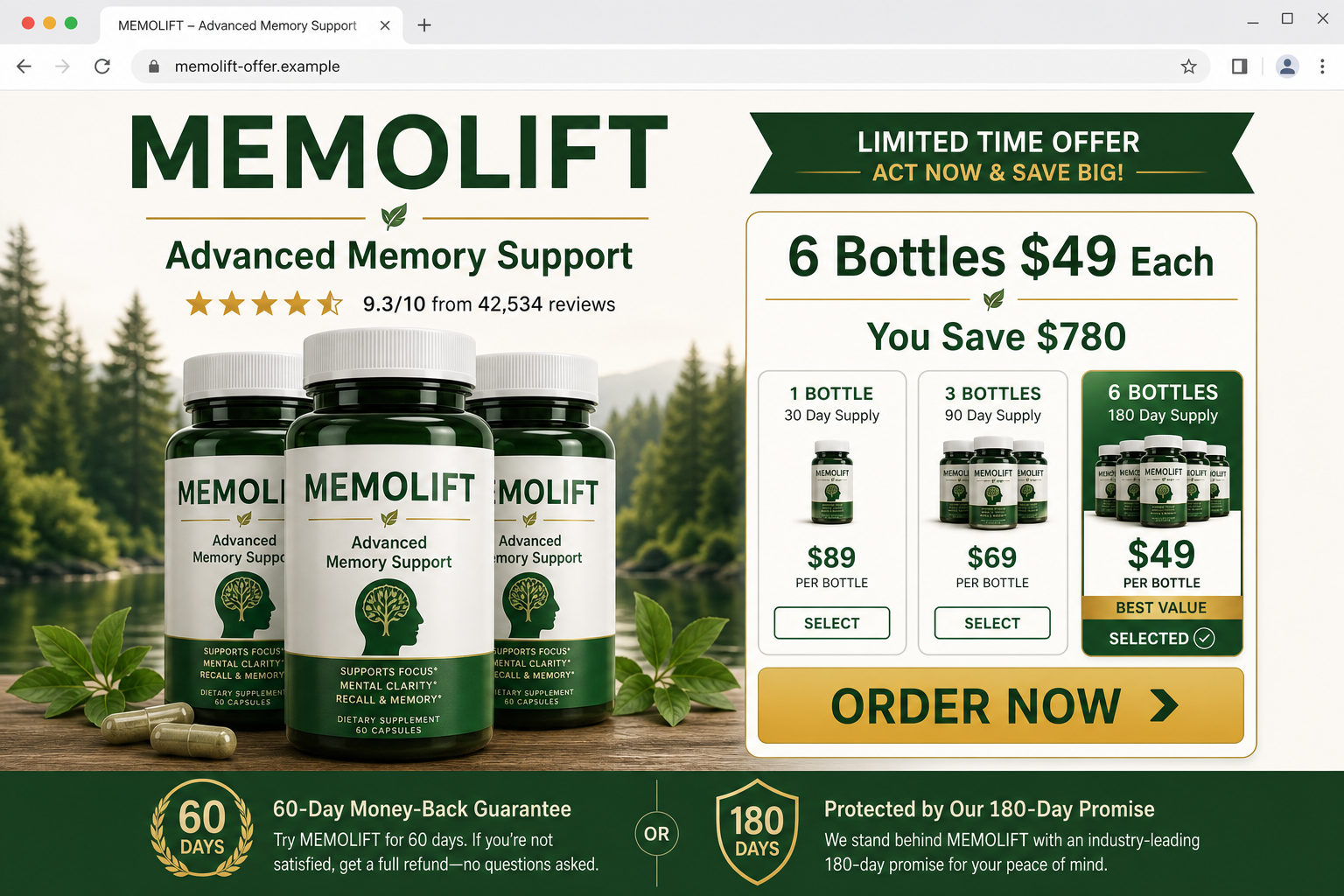 Reconstructed MemoLift sales page showing large discounts and conflicting guarantees