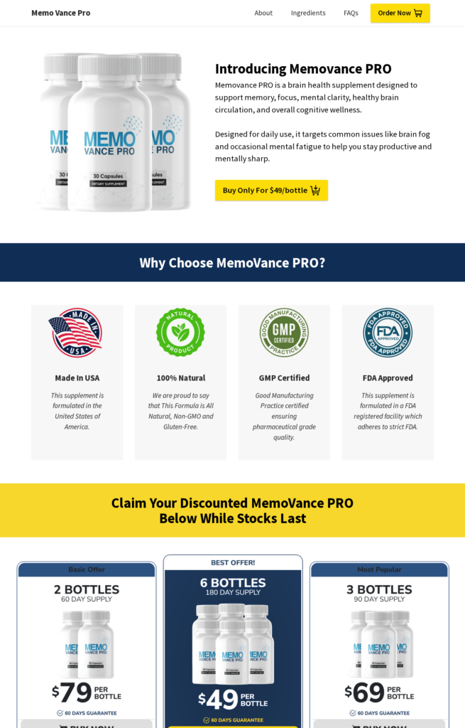 Alternative Memo Vance Pro website showing the supplement and FDA style badges