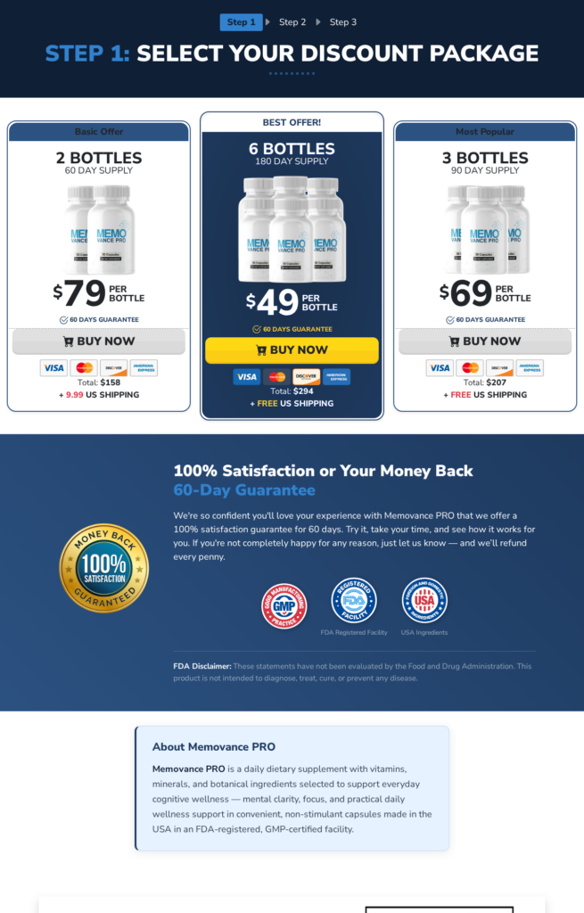 Memovance Pro sales page showing two, three, and six bottle packages