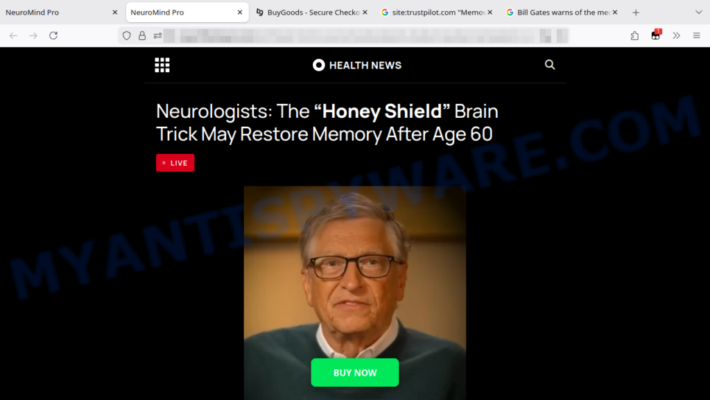 Fake Health News Honey Shield page using an apparent AI-generated Bill Gates video