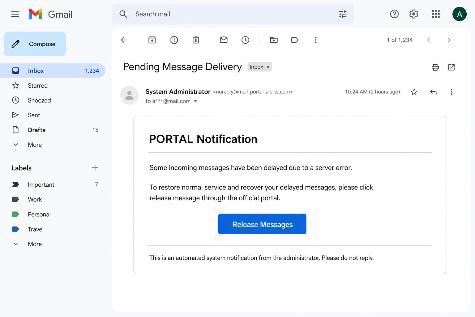 Messages Delayed EXPOSED: Fake Release Button Steals the Inbox 1 Phishing email claiming messages were delayed by a server error, with a Release Messages button