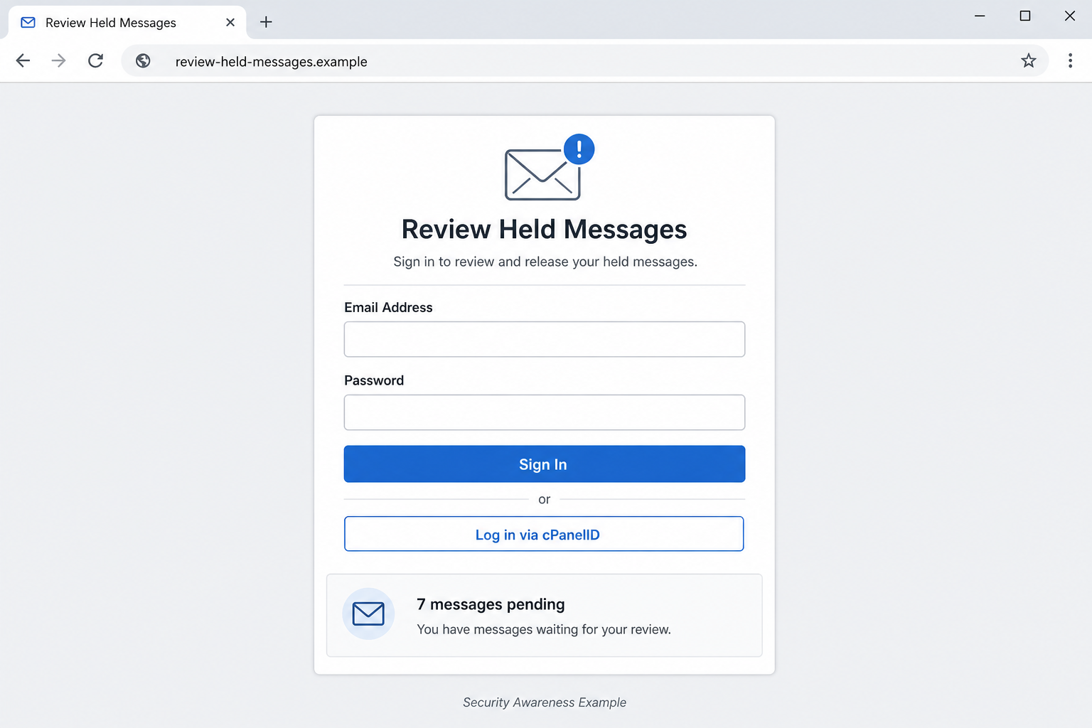 Reconstruction of the fake held-messages webmail login page