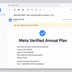 Example of a fraudulent Meta Verified Annual Plan email claiming a $459.72 payment and asking the recipient to call a phone number