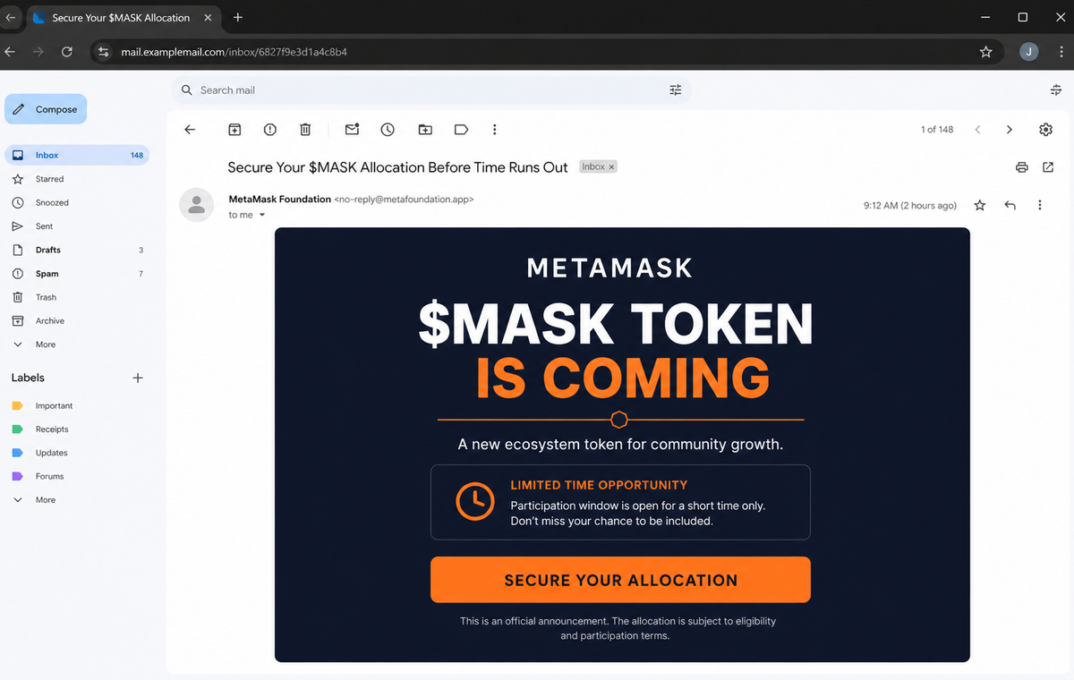 MetaMask $MASK Token Allocation Email Scam Can Drain Your Crypto Wallet 1 Realistic reconstruction of the fake MetaMask MASK token allocation email