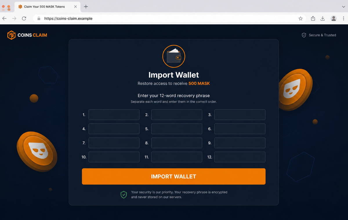 MetaMask $MASK Token Allocation Email Scam Can Drain Your Crypto Wallet 2 Realistic reconstruction of the fraudulent MASK reward wallet import form