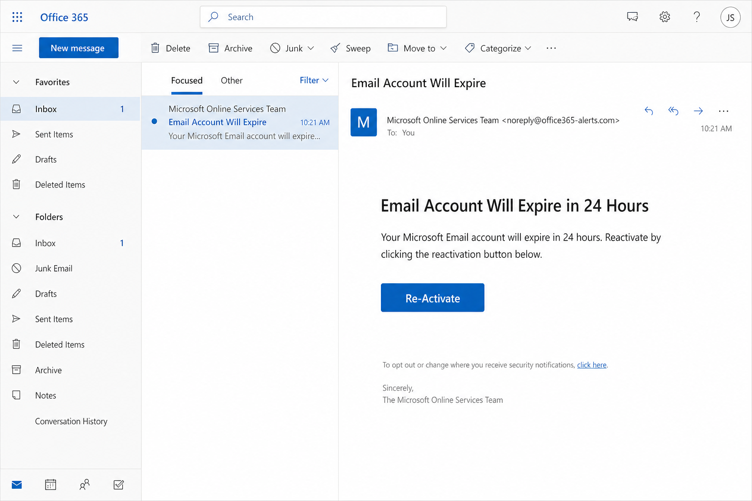 Microsoft 365 Email Will Expire EXPOSED: Fake Re-Activate Login 1 Mockup of an Office 365 inbox showing an Email Account Will Expire message and a blue Re-Activate button