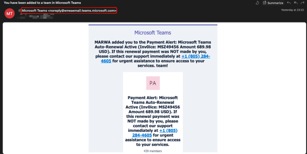 Microsoft Teams guest invitation containing a fake automatic renewal charge and support number