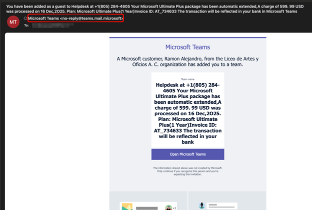 Microsoft Teams guest invitation using a fake helpdesk name and $99.99 subscription charge