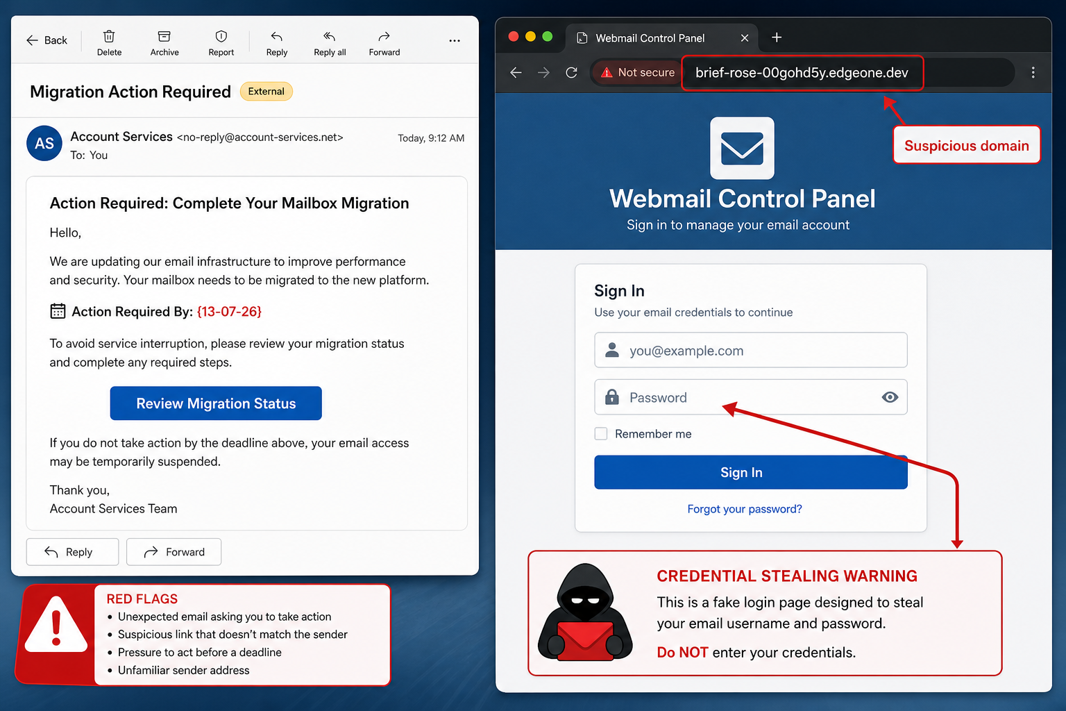Migration Action Required Email Scam: How the Fake cPanel Login Steals Your Password 1 Migration Action Required phishing email leading to a fake webmail control panel login
