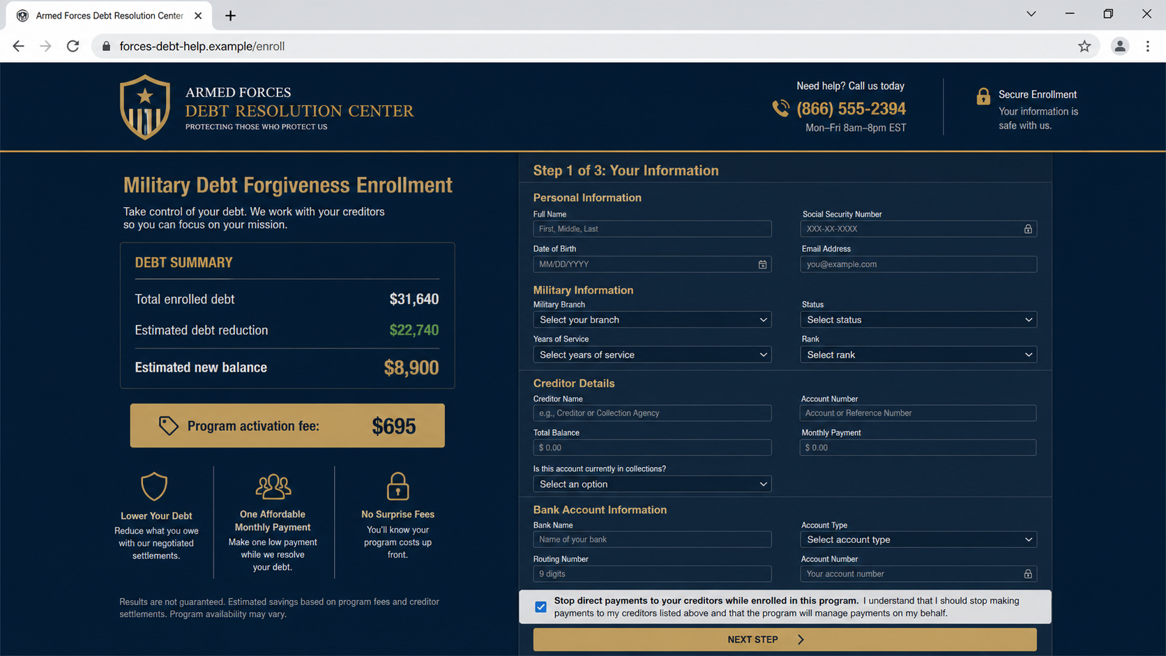 Military Debt Forgiveness Call Scam Charges Veterans Illegal Upfront Fees 2 Realistic fake military debt relief enrollment portal requesting an upfront fee and financial data