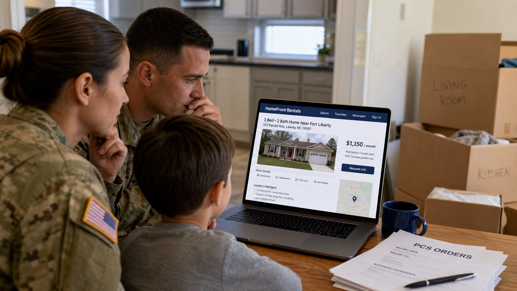 Realistic military family reviewing a suspiciously cheap rental listing while preparing for a PCS move