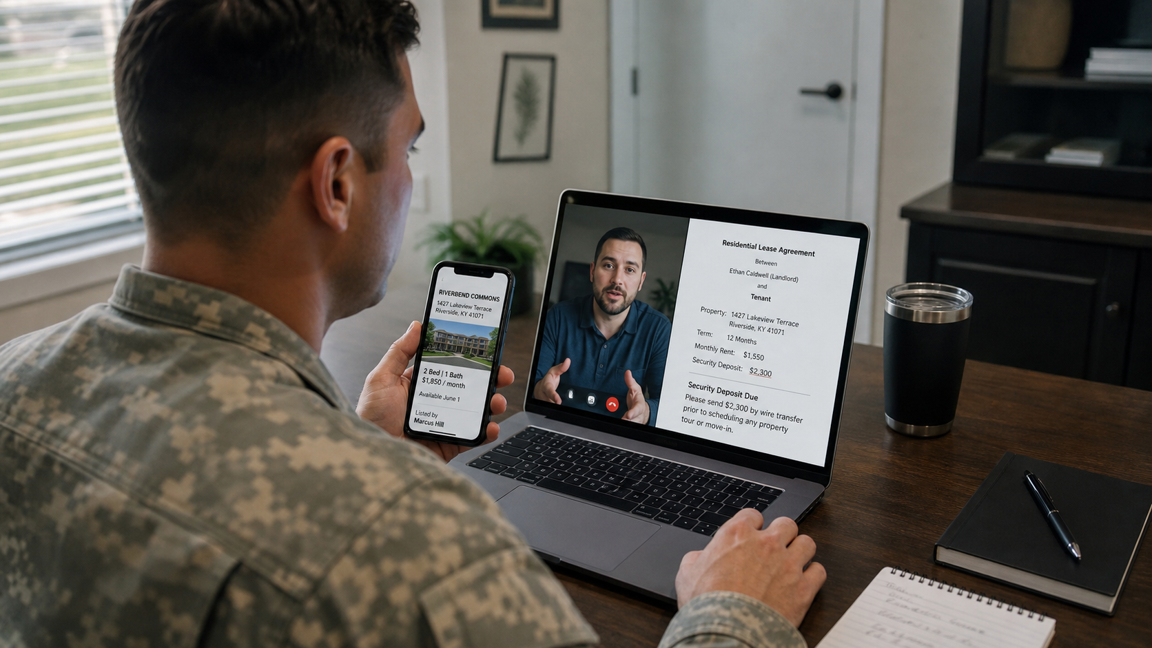 Service member comparing a remote landlord lease with another listing for the same property