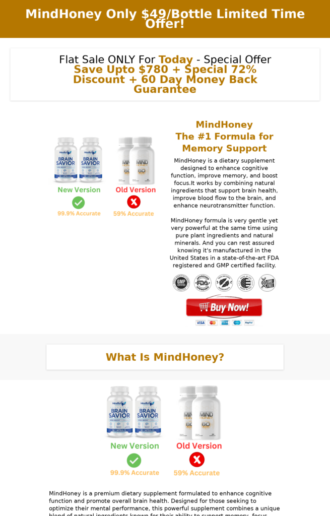Mind Honey 60 Reviews Exposed: Fake or Real? Full Scam Investigation 2026 1 Mind Honey website showing Brain Savior bottles, discounts, and accuracy claims