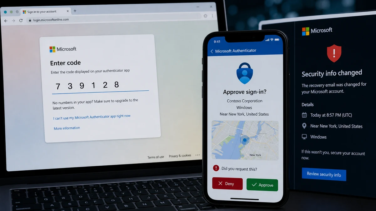 Realistic reconstruction of a Microsoft device code and Authenticator approval followed by a security information change alert