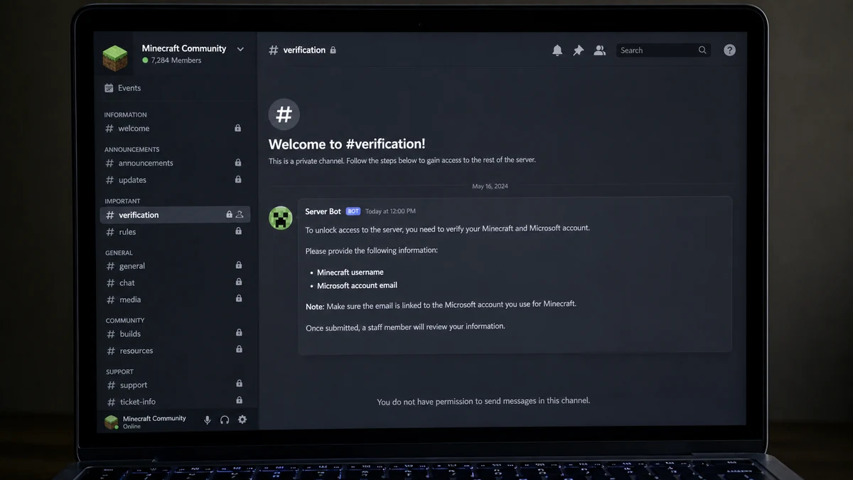 Realistic reconstruction of a large but empty Minecraft Discord server asking for a username and Microsoft account email