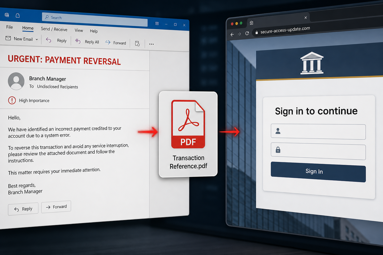 Misdirected Payment Email Scam: The Urgent PDF That Steals Your Password 1 Misdirected Payment phishing email linking through a PDF to a fake login page