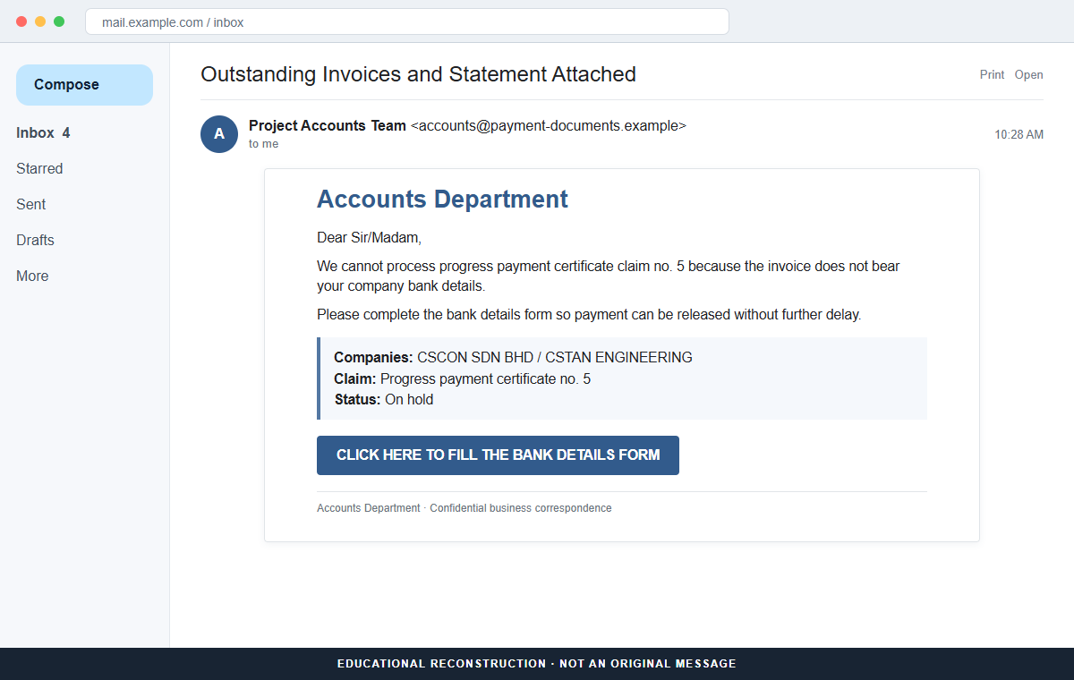 Reconstruction of the fake invoice missing bank details email claiming a payment is on hold
