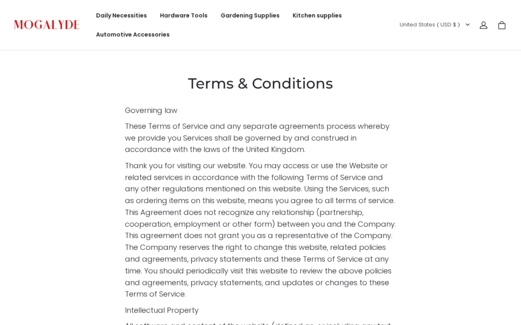 Mogalyde.com EXPOSED - Shopping Scam or Legit Store? Investigation 1 Archived Terms & Conditions page from mogalyde.com, captured 2026-08-11 (UTC).