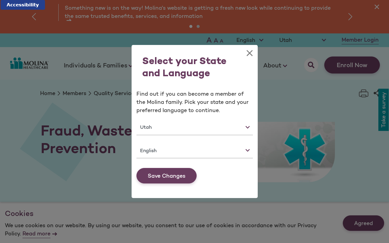Molina Healthcare EXPOSED: Fake Cancel Texts and Overseas Claim Calls 3 Official Molina Healthcare Fraud, Waste, and Abuse Prevention page with state and language selector