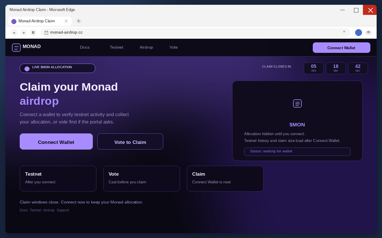 Monad Airdrop EXPOSED: Fake Claim Pages Drain Wallets 1 Fake Monad airdrop claim page with Connect Wallet