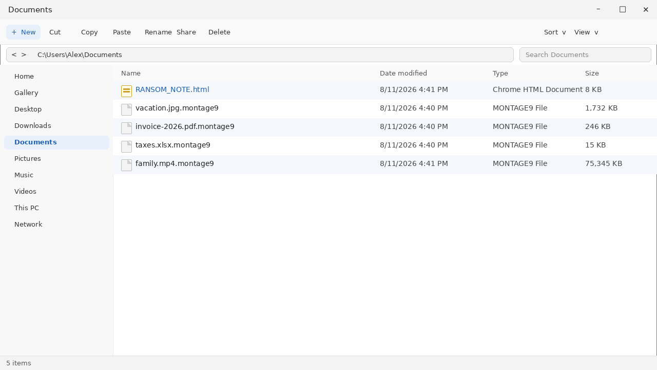 Encrypted files after Montage. The .montage9 names and RANSOM_NOTE.html are the tell.