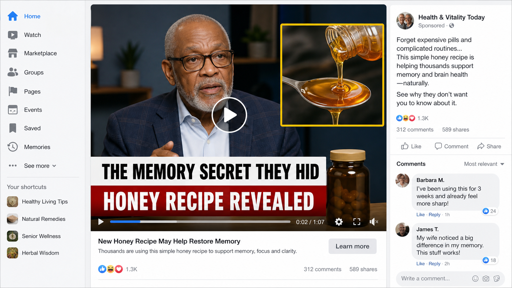 Morgan Freeman Alzheimer’s Cure Scam: Fake AI Ads Exposed 1 Reconstruction of a fake social media memory cure ad using a fictional actor and honey recipe