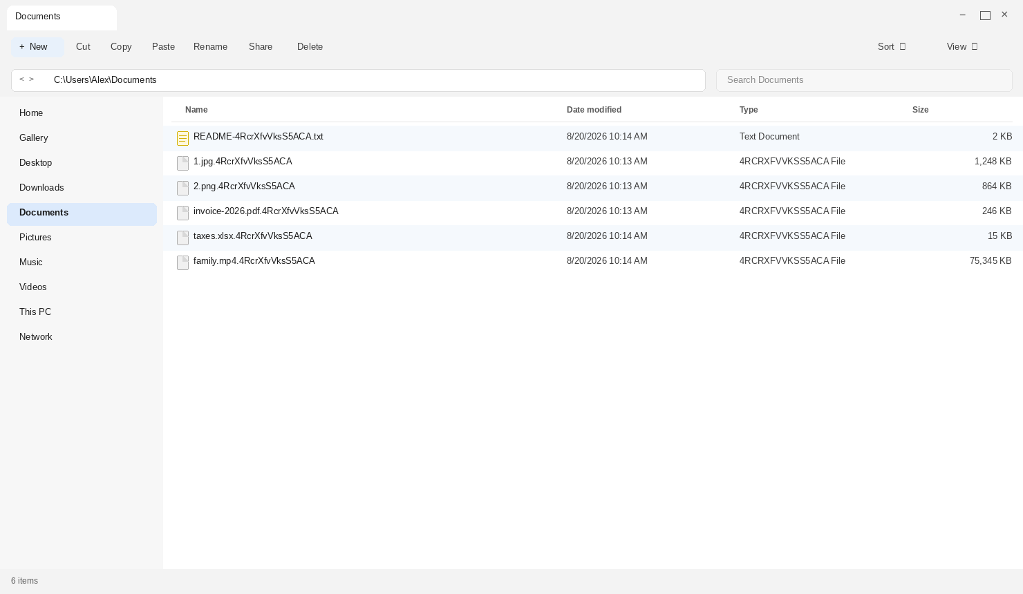 Encrypted files after MORTAR. The victim-ID endings and README-4RcrXfvVksS5ACA.txt are the tell.