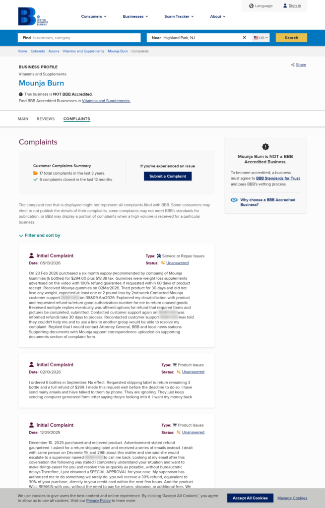 BBB complaints page documenting Mounja Gummies refund and product disputes