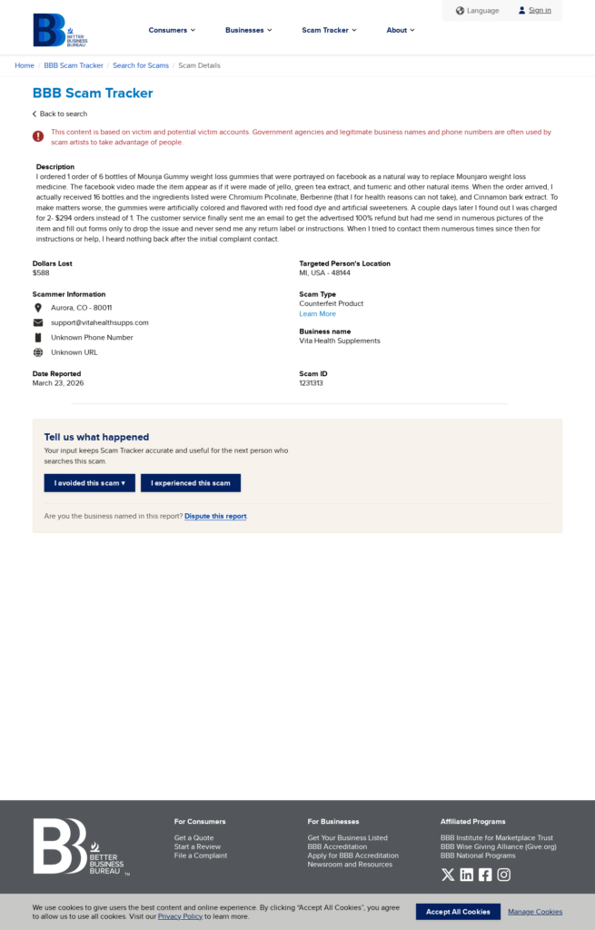 BBB Scam Tracker report describing a Mounja Gummies order and unexpected charges