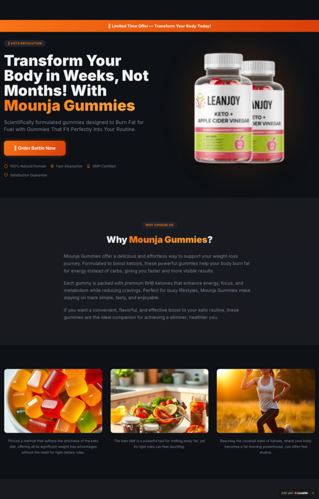 Mounja Gummies sales page showing LeanJoy bottles beneath the Mounja Gummies name