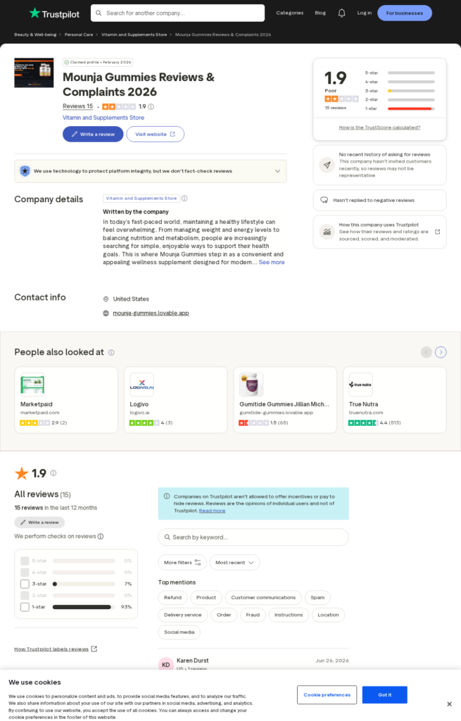 Trustpilot profile for Mounja Gummies showing a low rating and predominantly one-star reviews