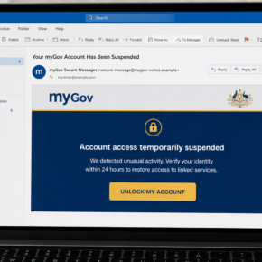 Example of a fake myGov account suspended phishing email