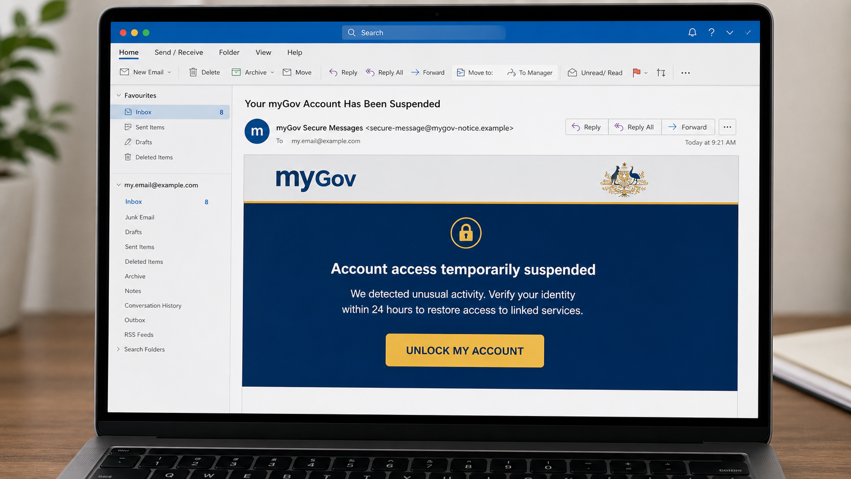 myGov Scam Emails: Fake Refund, Account Lock and Message Alerts 1 Example of a fake myGov account suspended phishing email