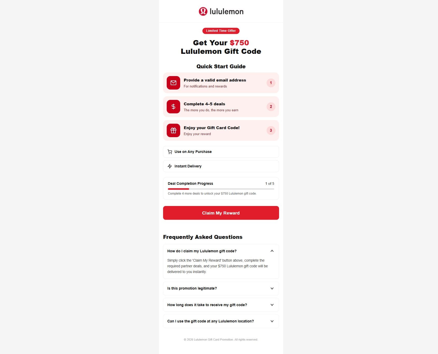 MyReviewPerks.com Scam: $750 Lululemon Reward Exposed 1 MyReviewPerks page advertising a $750 Lululemon gift code