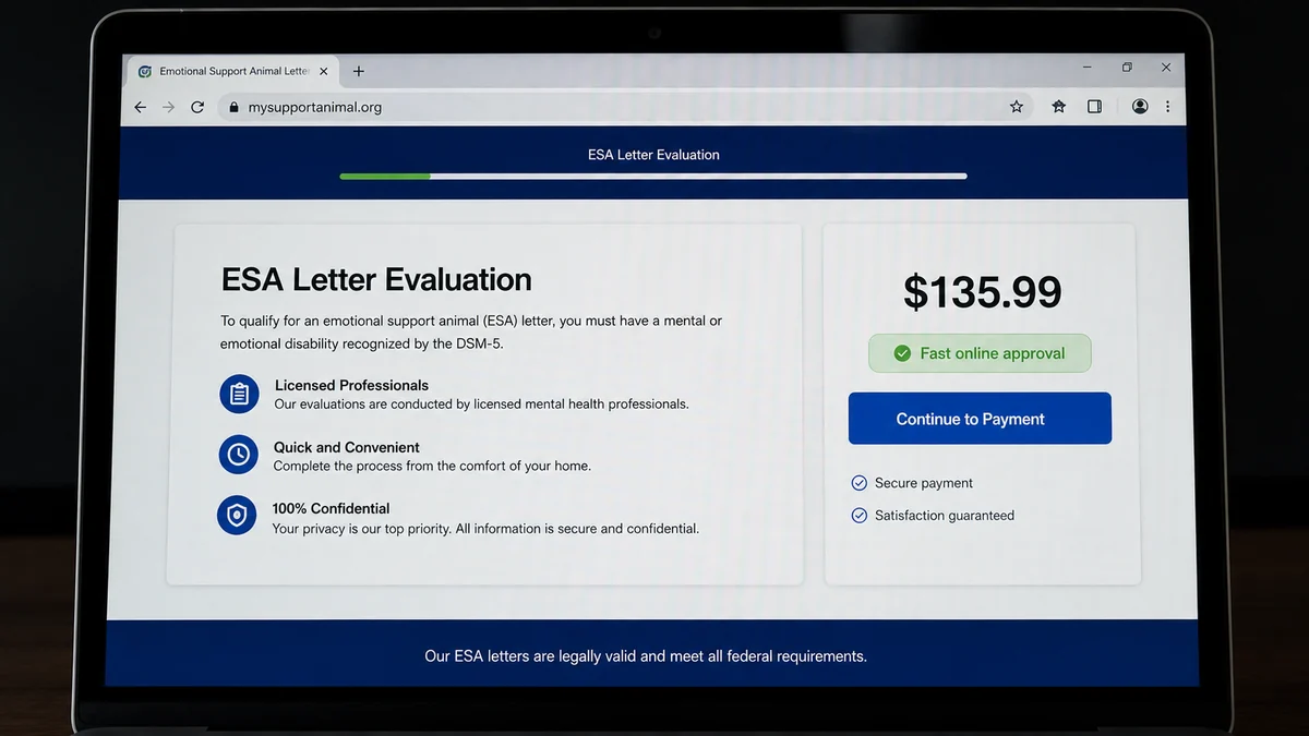 MySupportAnimal ESA Letter Fails the Landlord Test 1 Realistic reconstruction of a MySupportAnimal ESA letter evaluation checkout showing a $135.99 price