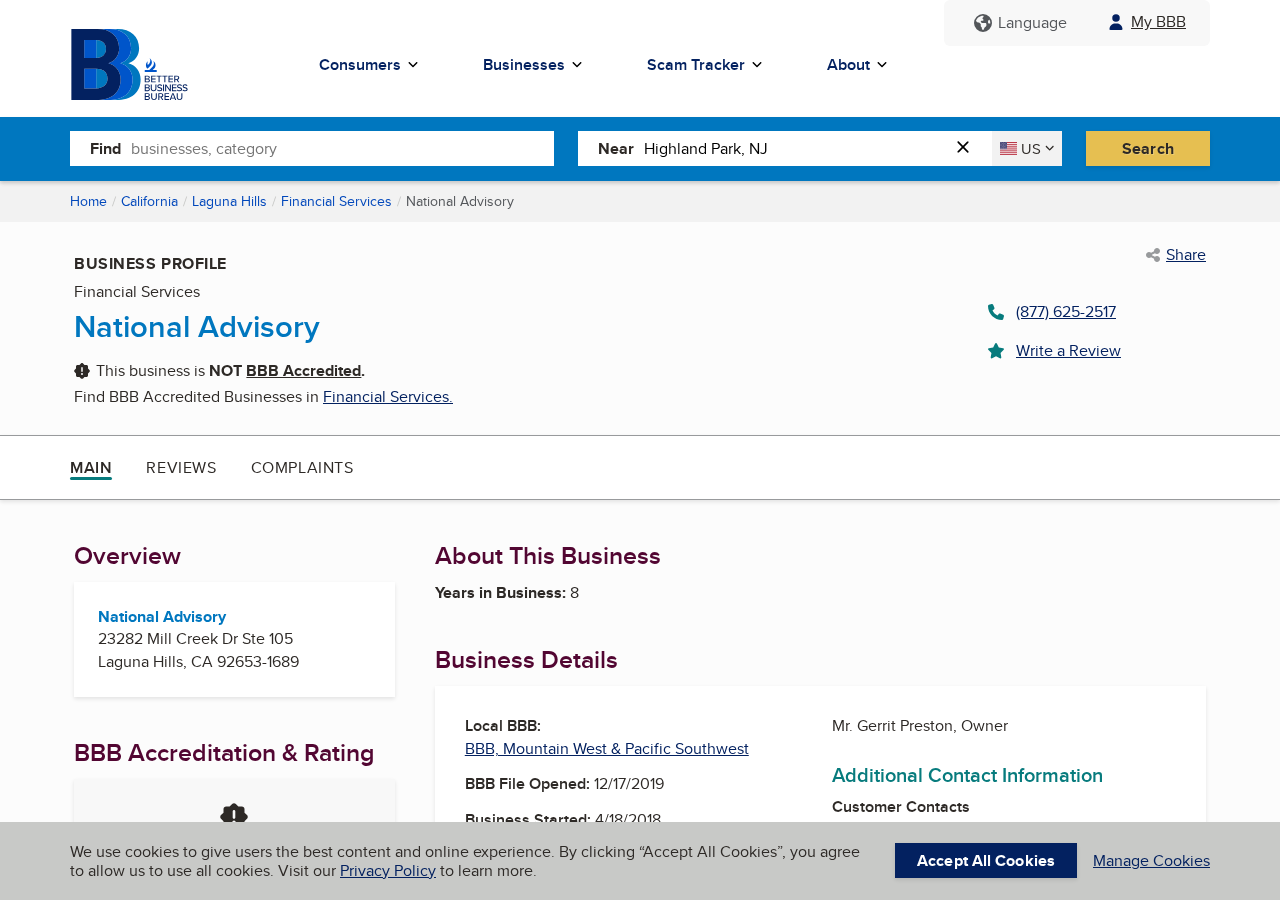 BBB profile for National Advisory in Laguna Hills, not accredited, phone 877-625-2517