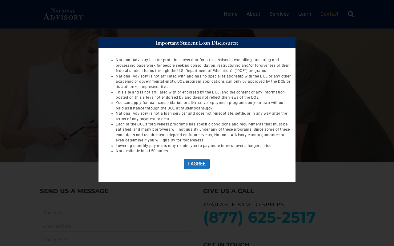National Advisory Center EXPOSED: $45,000 Call Scripts Are Not the Laguna Hills Office 2 National Advisory contact page showing 877-625-2517 behind the student loan disclosures modal